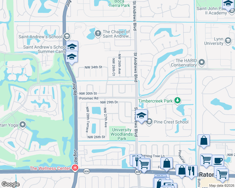 map of restaurants, bars, coffee shops, grocery stores, and more near 2625 Northwest 29th Drive in Boca Raton