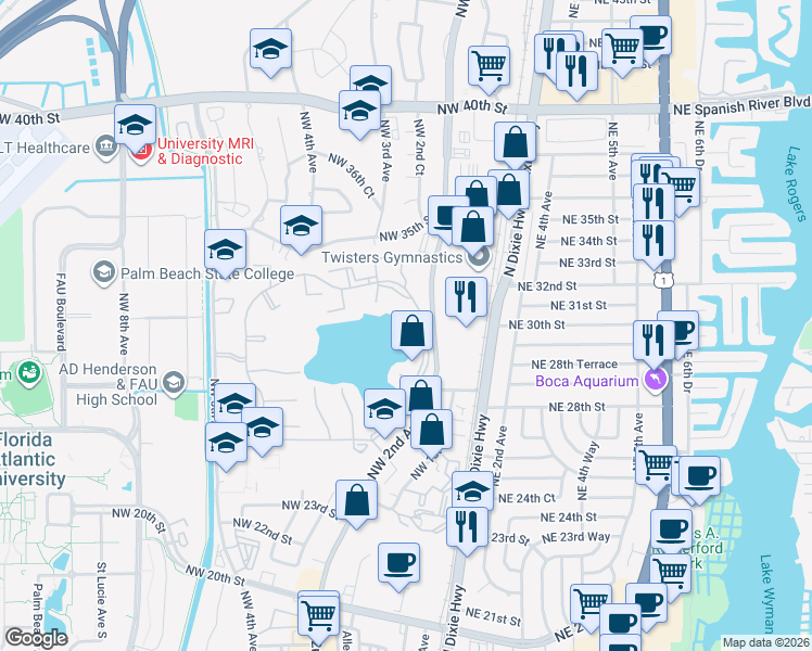 map of restaurants, bars, coffee shops, grocery stores, and more near 301 Olivewood Place in Boca Raton