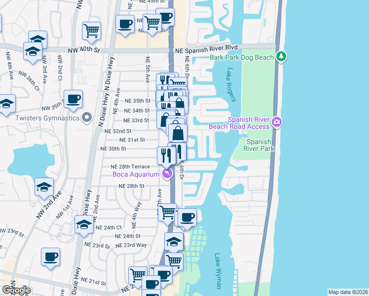 map of restaurants, bars, coffee shops, grocery stores, and more near 3026 Northeast 6th Drive in Boca Raton