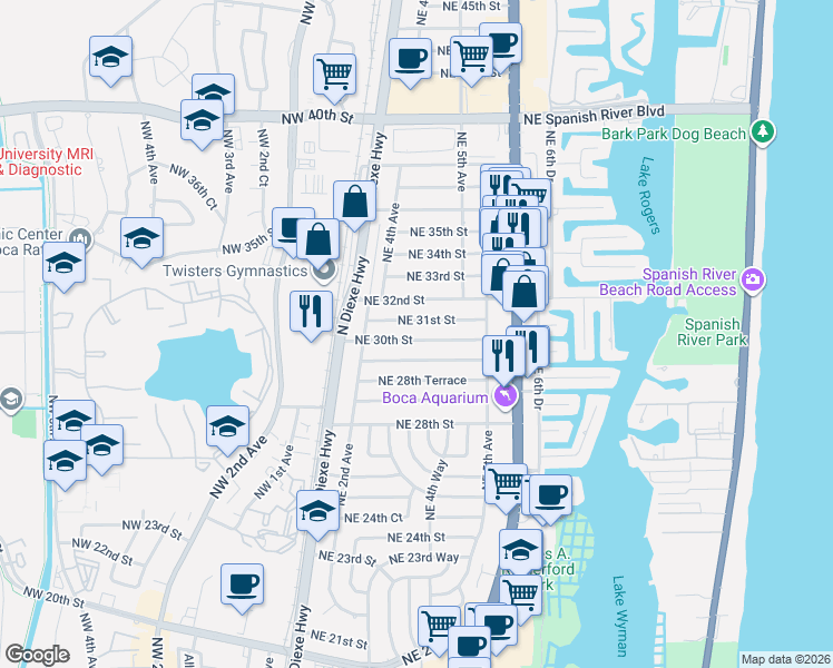 map of restaurants, bars, coffee shops, grocery stores, and more near 300 Northeast 31st Street in Boca Raton
