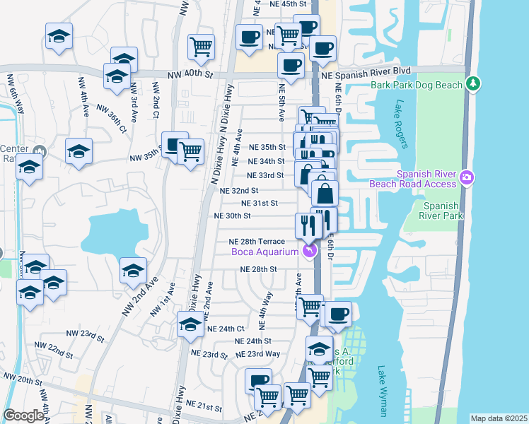 map of restaurants, bars, coffee shops, grocery stores, and more near 422 Northeast 31st Street in Boca Raton