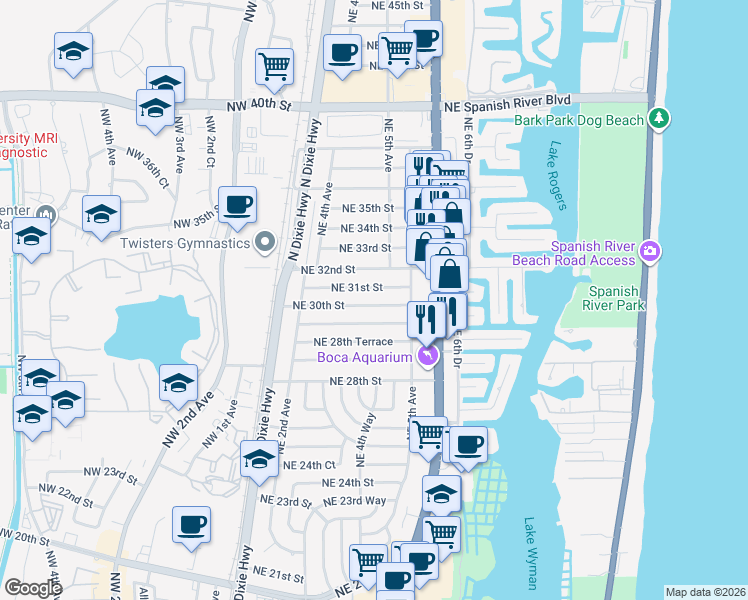 map of restaurants, bars, coffee shops, grocery stores, and more near 422 Northeast 31st Street in Boca Raton