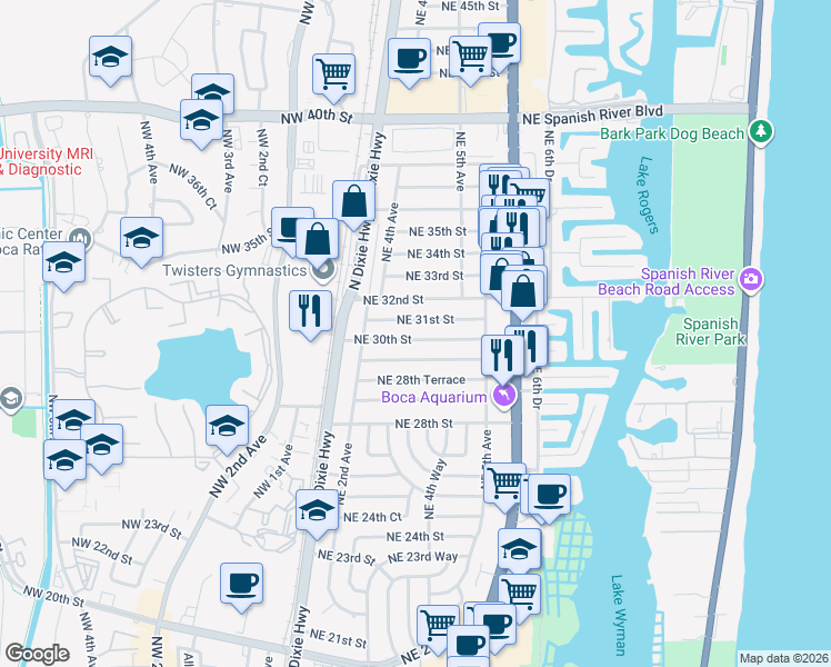 map of restaurants, bars, coffee shops, grocery stores, and more near 300 Northeast 31st Street in Boca Raton