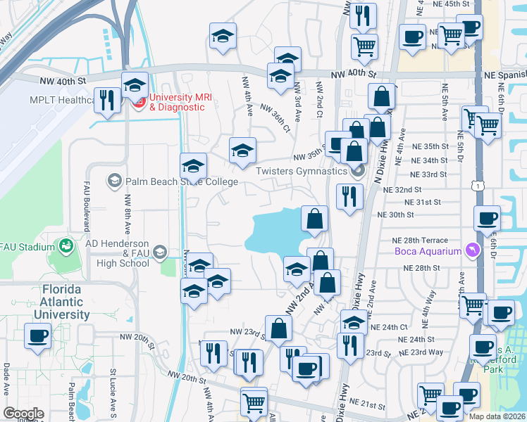 map of restaurants, bars, coffee shops, grocery stores, and more near 3171 Leewood Terrace in Boca Raton