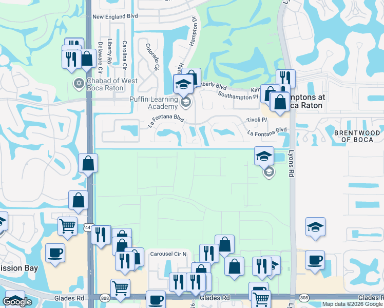 map of restaurants, bars, coffee shops, grocery stores, and more near 19987 Villa Lante Place in Boca Raton