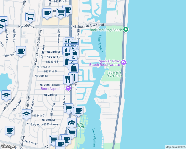 map of restaurants, bars, coffee shops, grocery stores, and more near 3125 Northeast 8th Avenue in Boca Raton