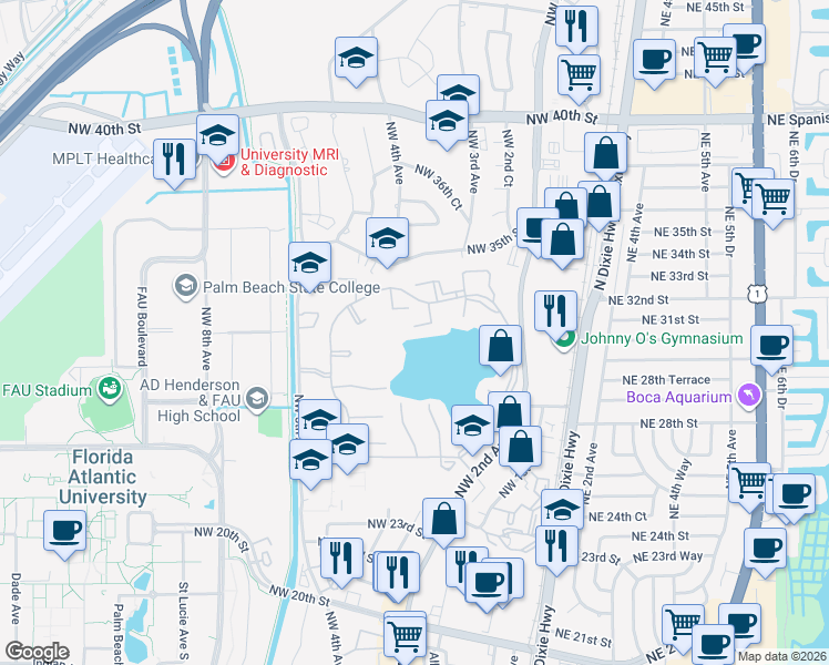 map of restaurants, bars, coffee shops, grocery stores, and more near 3171 Leewood Terrace in Boca Raton