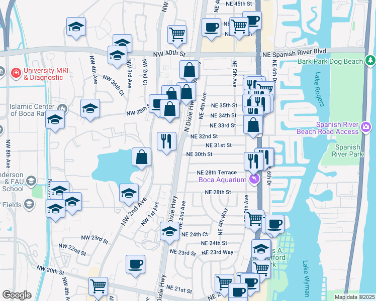 map of restaurants, bars, coffee shops, grocery stores, and more near 200 Northeast 31st Street in Boca Raton