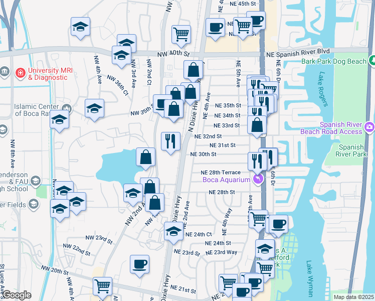 map of restaurants, bars, coffee shops, grocery stores, and more near 3050 North Dixie Highway in Boca Raton