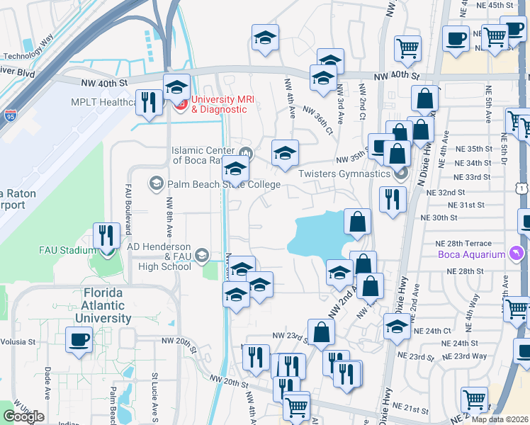 map of restaurants, bars, coffee shops, grocery stores, and more near 3089 Inglewood Terrace in Boca Raton
