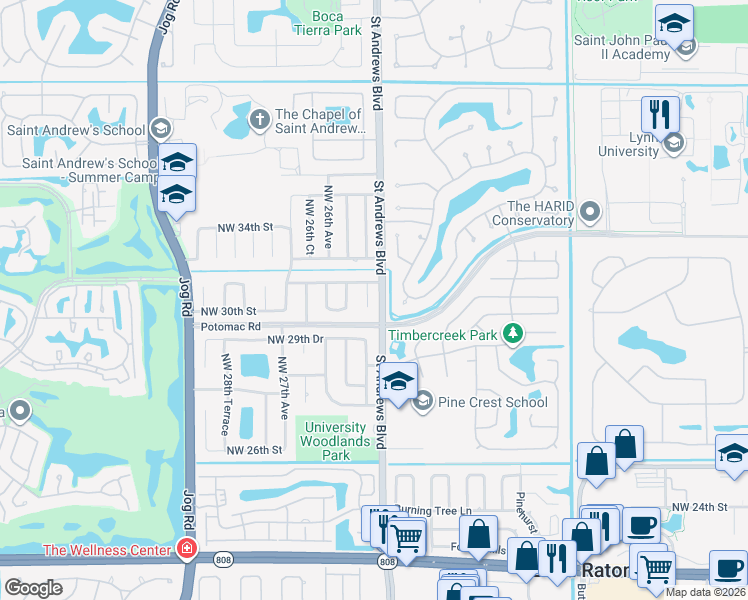 map of restaurants, bars, coffee shops, grocery stores, and more near 3088 Northwest 25th Way in Boca Raton