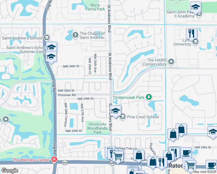 map of restaurants, bars, coffee shops, grocery stores, and more near 3088 Northwest 25th Way in Boca Raton