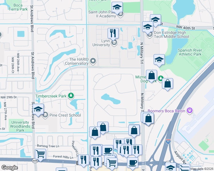 map of restaurants, bars, coffee shops, grocery stores, and more near 2165 Northwest 30th Road in Boca Raton