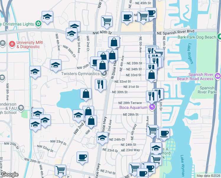map of restaurants, bars, coffee shops, grocery stores, and more near 3050 North Dixie Highway in Boca Raton