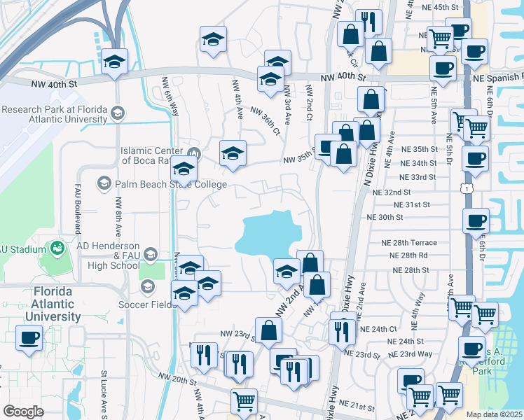 map of restaurants, bars, coffee shops, grocery stores, and more near 3171 Leewood Terrace in Boca Raton