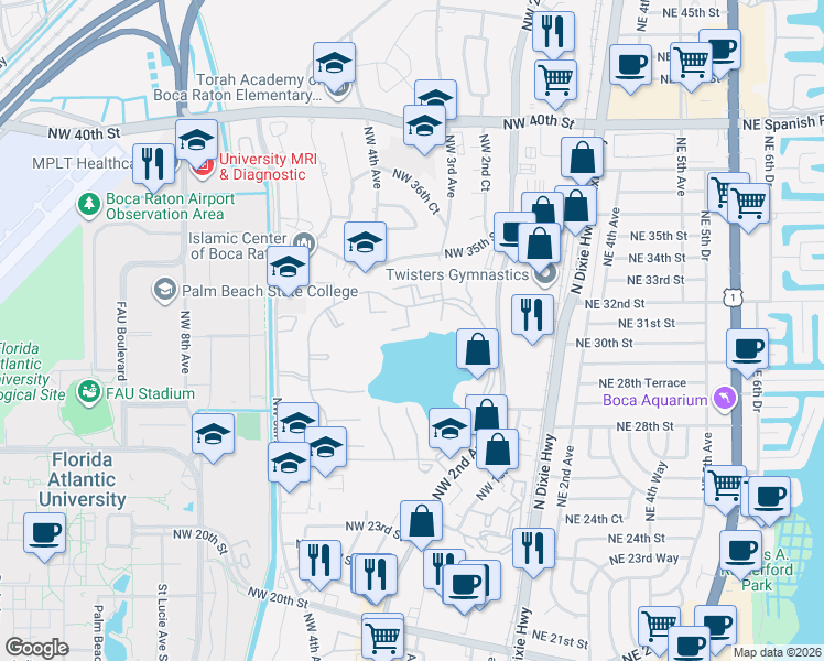 map of restaurants, bars, coffee shops, grocery stores, and more near 3171 Leewood Terrace in Boca Raton