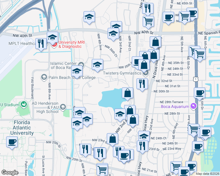 map of restaurants, bars, coffee shops, grocery stores, and more near 3171 Leewood Terrace in Boca Raton