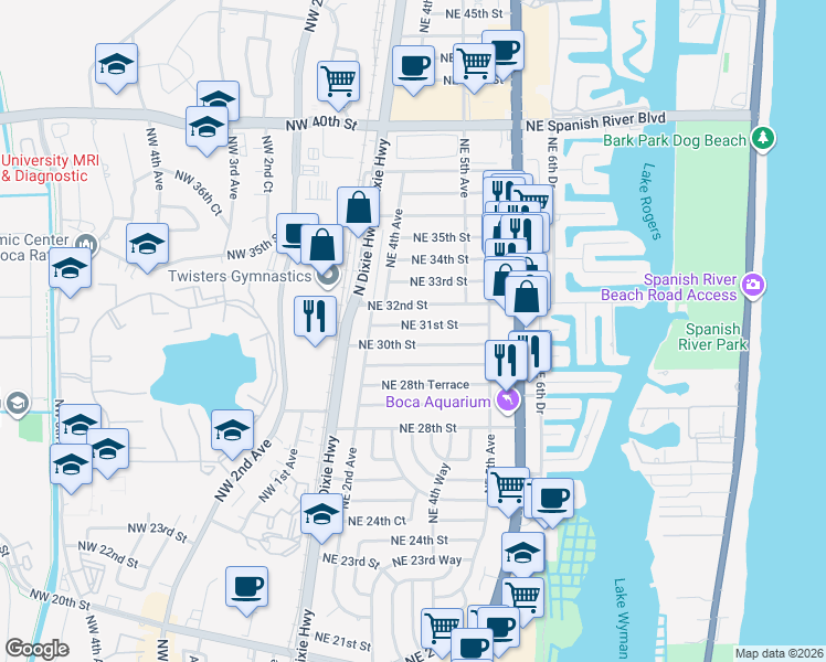 map of restaurants, bars, coffee shops, grocery stores, and more near 300 Northeast 31st Street in Boca Raton