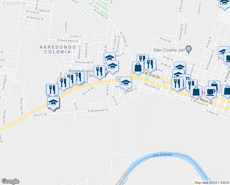 map of restaurants, bars, coffee shops, grocery stores, and more near 111 South Cox Street in Rio Grande City