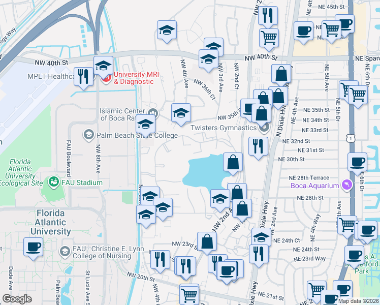 map of restaurants, bars, coffee shops, grocery stores, and more near 3171 Leewood Terrace in Boca Raton