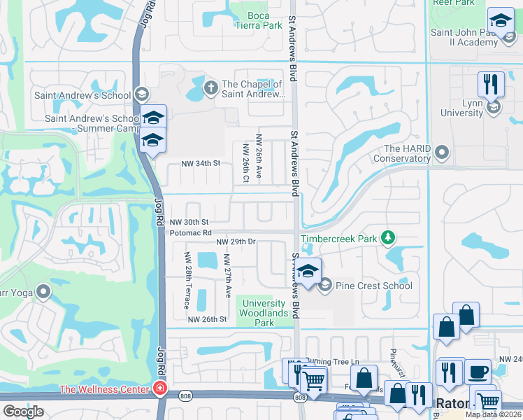 map of restaurants, bars, coffee shops, grocery stores, and more near 3088 Northwest 25th Terrace in Boca Raton