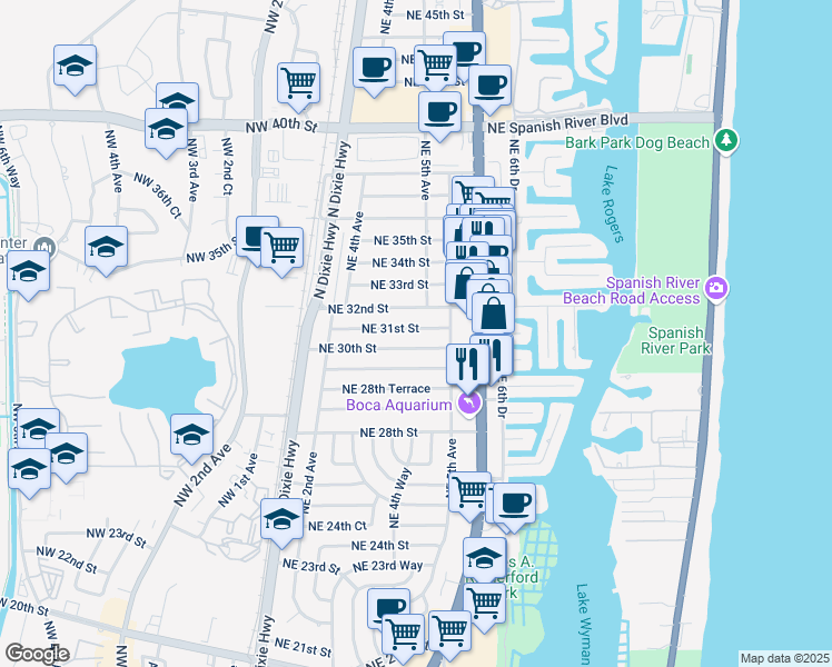 map of restaurants, bars, coffee shops, grocery stores, and more near 422 Northeast 31st Street in Boca Raton