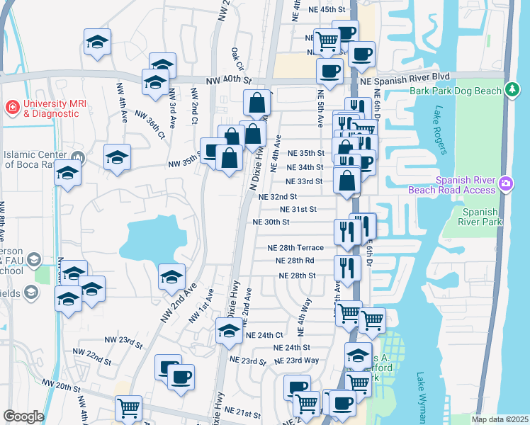 map of restaurants, bars, coffee shops, grocery stores, and more near 200 Northeast 31st Street in Boca Raton