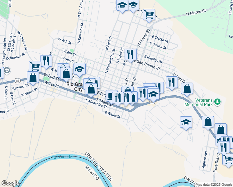 map of restaurants, bars, coffee shops, grocery stores, and more near 600 East 3rd Street in Rio Grande City