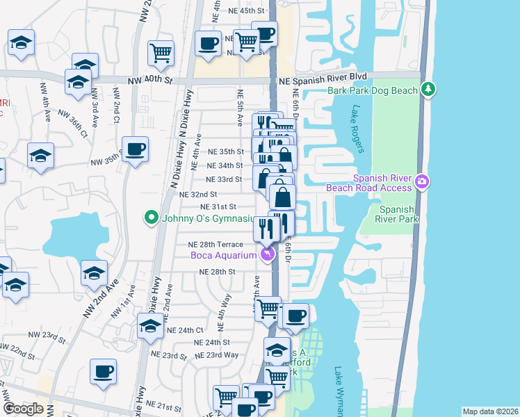 map of restaurants, bars, coffee shops, grocery stores, and more near 3098 Northeast 5th Avenue in Boca Raton