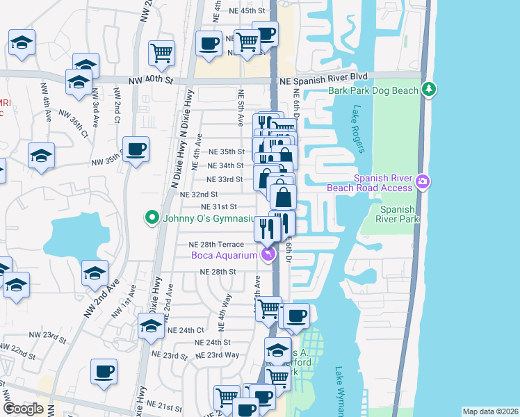 map of restaurants, bars, coffee shops, grocery stores, and more near 3098 Northeast 5th Avenue in Boca Raton