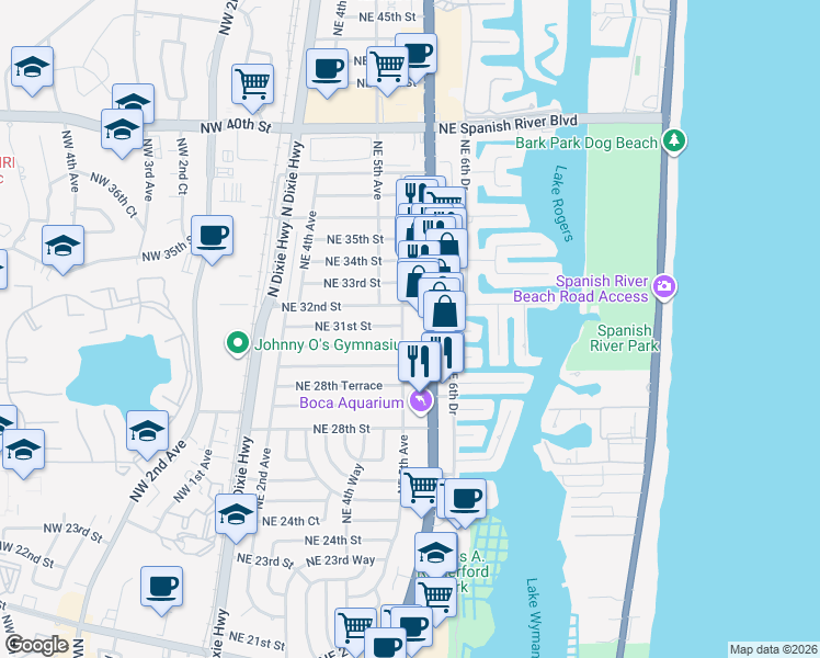 map of restaurants, bars, coffee shops, grocery stores, and more near 3098 Northeast 5th Avenue in Boca Raton