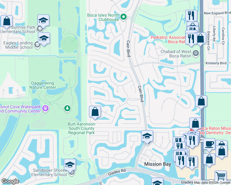 map of restaurants, bars, coffee shops, grocery stores, and more near 19717 Brickel Point Drive in Boca Raton
