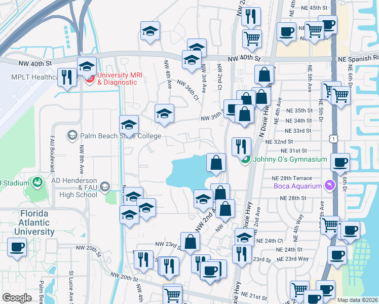 map of restaurants, bars, coffee shops, grocery stores, and more near 3171 Leewood Terrace in Boca Raton