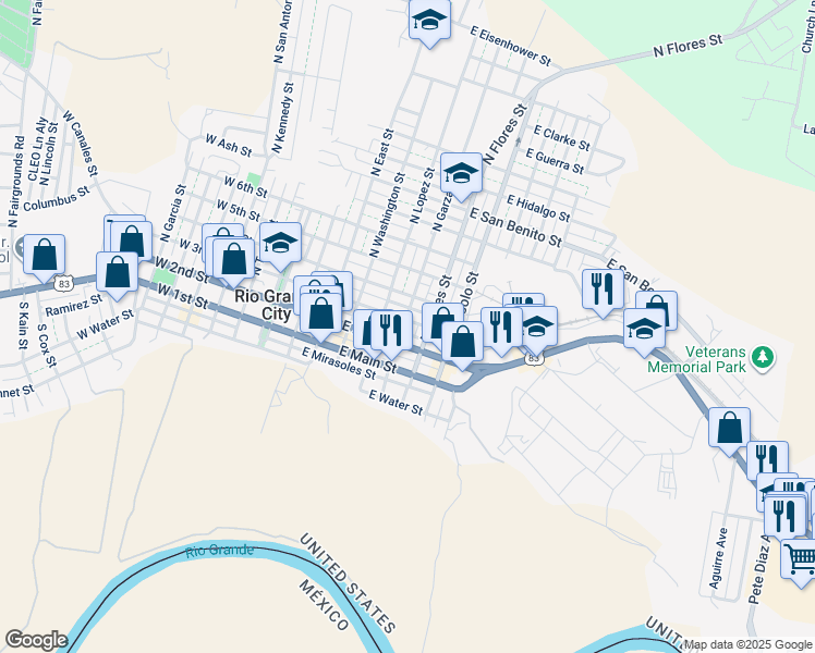 map of restaurants, bars, coffee shops, grocery stores, and more near 600 East 3rd Street in Rio Grande City