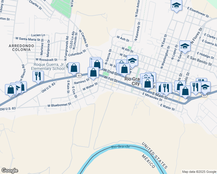 map of restaurants, bars, coffee shops, grocery stores, and more near 402 West Water Street in Rio Grande City