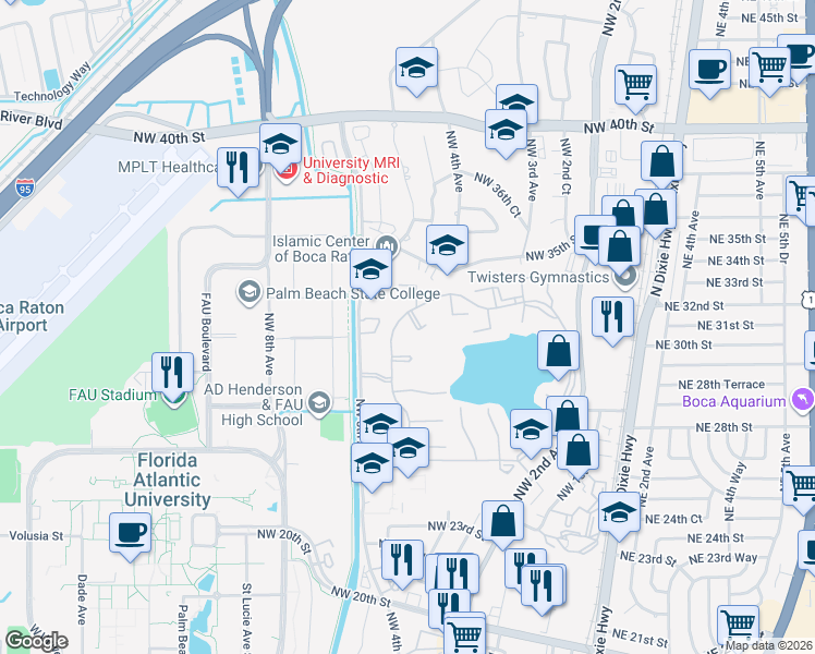 map of restaurants, bars, coffee shops, grocery stores, and more near 3089 Inglewood Terrace in Boca Raton