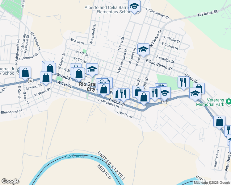 map of restaurants, bars, coffee shops, grocery stores, and more near 405 East 2nd Street in Rio Grande City