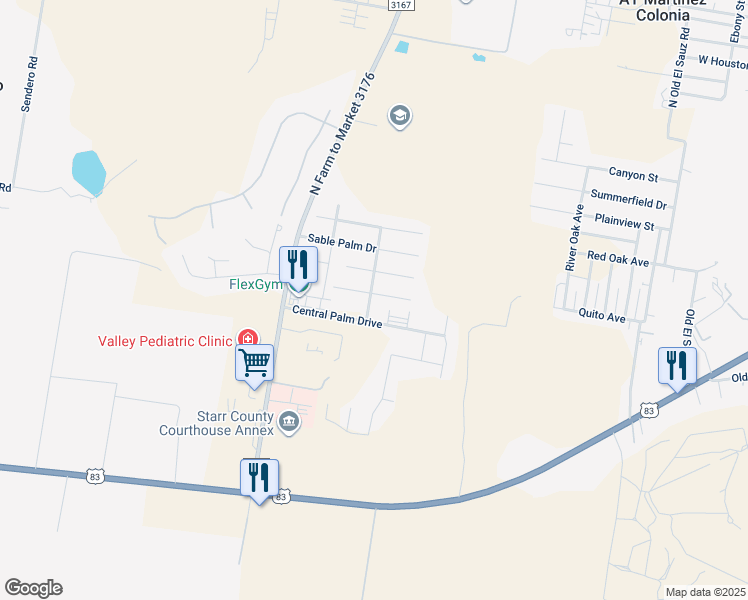 map of restaurants, bars, coffee shops, grocery stores, and more near 2431 Sentry Palm Drive in Rio Grande City
