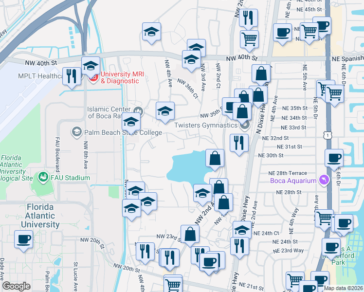 map of restaurants, bars, coffee shops, grocery stores, and more near 3171 Leewood Terrace in Boca Raton