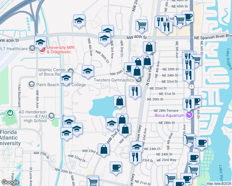 map of restaurants, bars, coffee shops, grocery stores, and more near 301 Olivewood Place in Boca Raton