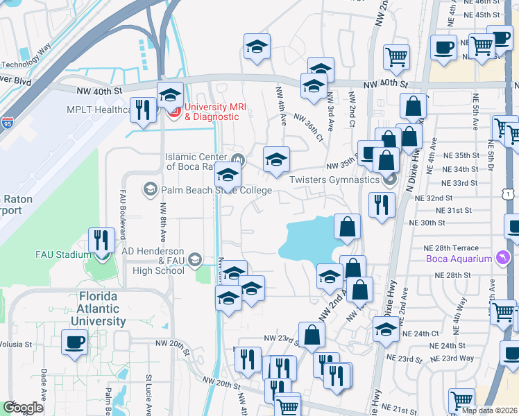 map of restaurants, bars, coffee shops, grocery stores, and more near 3089 Inglewood Terrace in Boca Raton