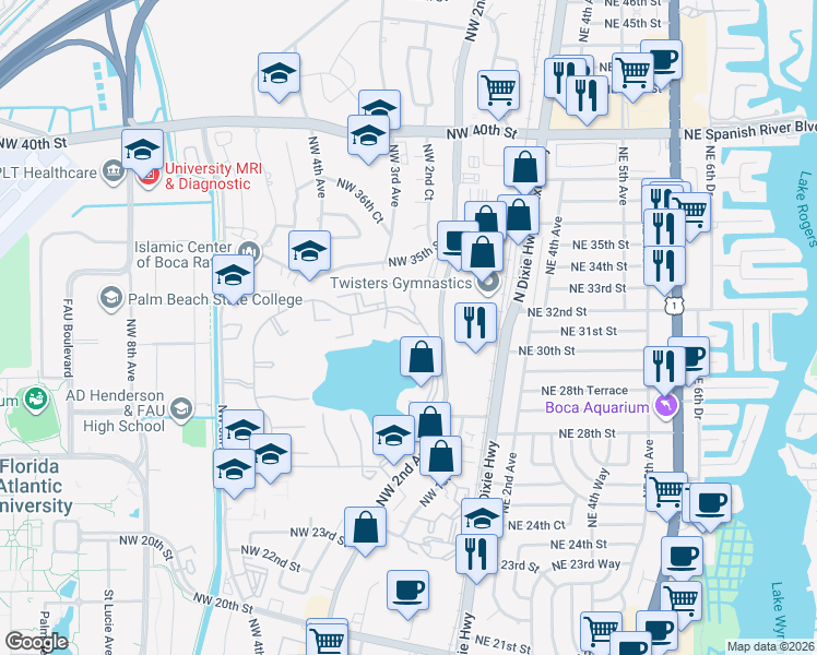 map of restaurants, bars, coffee shops, grocery stores, and more near 301 Olivewood Place in Boca Raton