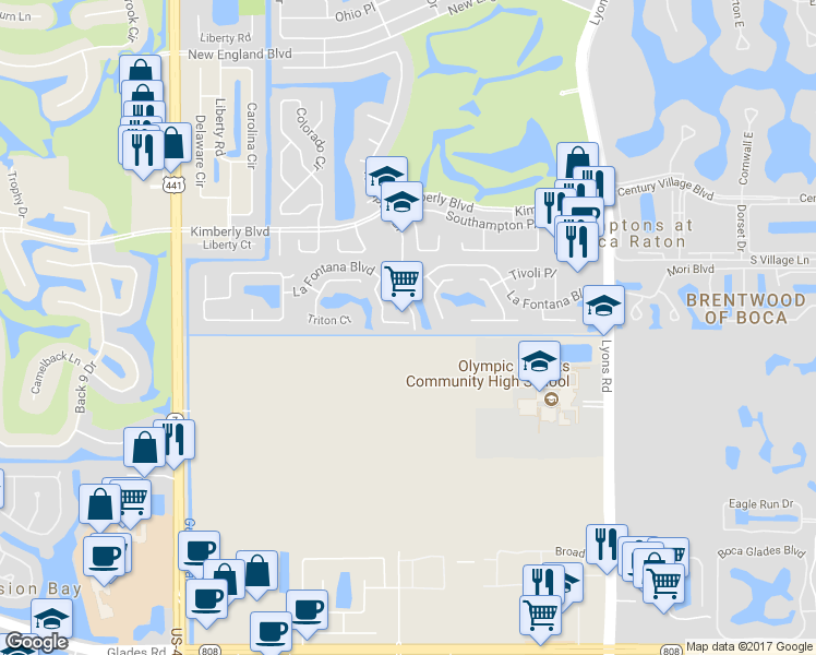map of restaurants, bars, coffee shops, grocery stores, and more near 19987 Villa Lante Place in Boca Raton