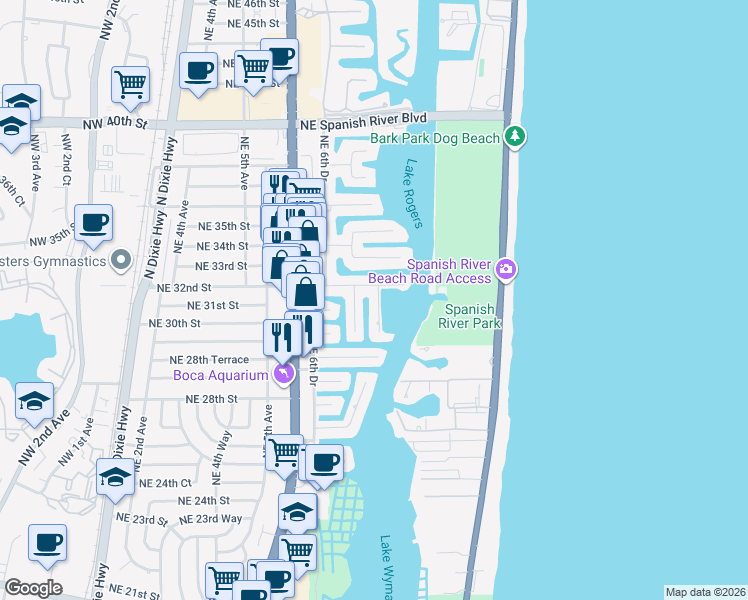 map of restaurants, bars, coffee shops, grocery stores, and more near 3125 Northeast 8th Avenue in Boca Raton