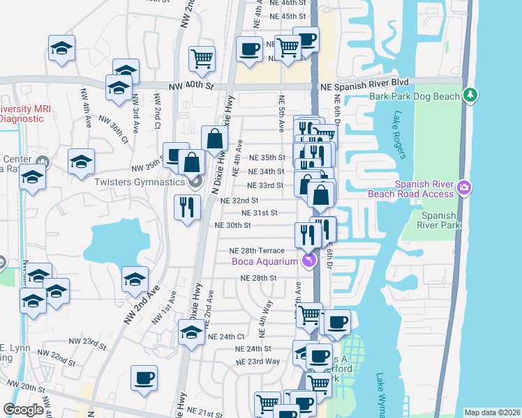map of restaurants, bars, coffee shops, grocery stores, and more near 300 Northeast 31st Street in Boca Raton