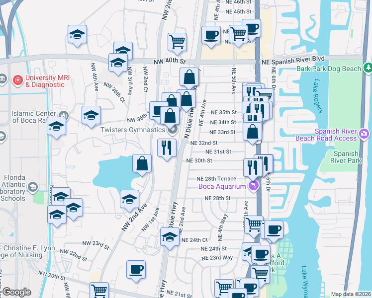 map of restaurants, bars, coffee shops, grocery stores, and more near 200 Northeast 31st Street in Boca Raton