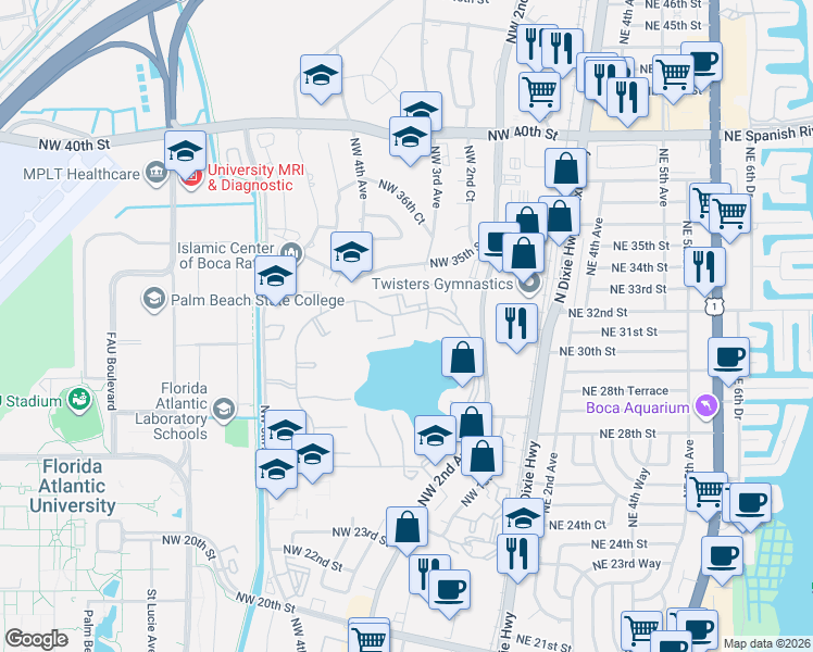 map of restaurants, bars, coffee shops, grocery stores, and more near 321 Norwood Terrace in Boca Raton