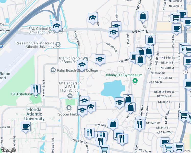 map of restaurants, bars, coffee shops, grocery stores, and more near 3325 Jaywood Terrace in Boca Raton
