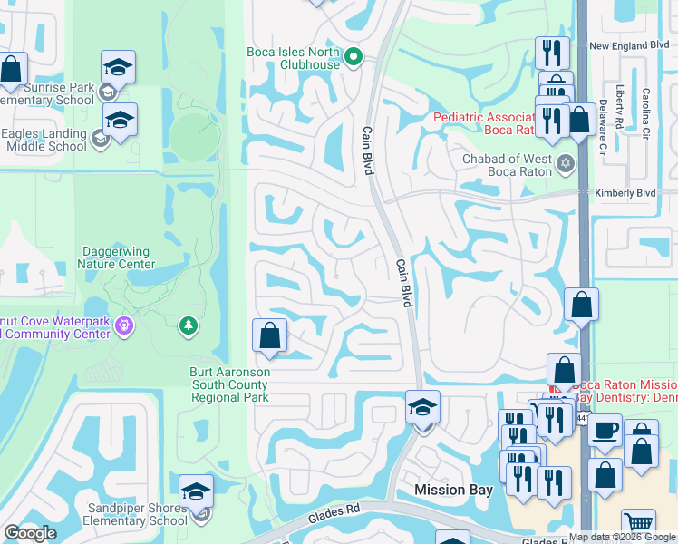 map of restaurants, bars, coffee shops, grocery stores, and more near 19717 Brickel Point Drive in Boca Raton