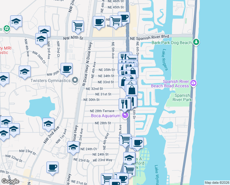 map of restaurants, bars, coffee shops, grocery stores, and more near 422 Northeast 31st Street in Boca Raton